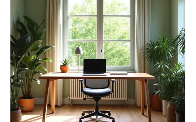 Serene home office with a large window view of greenery, minimalist desk, and a potted plant, promoting focus and calm
