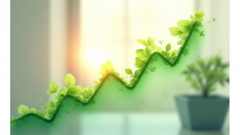 Financial graph overlaid with natural elements like leaves, symbolizing the return on investment from biophilic design in productivity, health, and property value