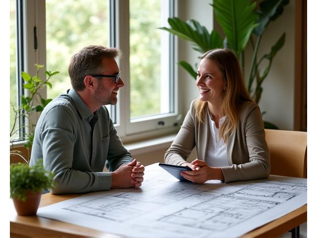 Architect and client discussing blueprints in a beautifully designed, light-filled wellness space, emphasizing collaboration.