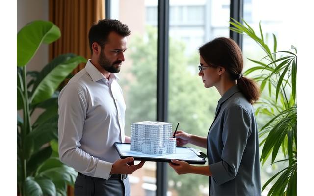 Architects reviewing a tablet with a 3D building model, in a sunlit architectural studio with plants, promoting professional synergy.