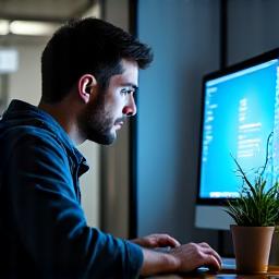 Before: a software developer squinting at a screen in a dimly lit, cluttered workspace. After: the same developer working comfortably with proper lighting, reduced glare, and an organized, biophilic-inspired desk.