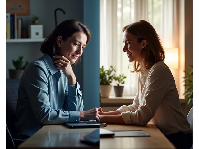 Woman relieved from back pain, smiling confidently at an ergonomically designed desk, with a split screen showing a contrasting image of her previously hunched over an old setup.