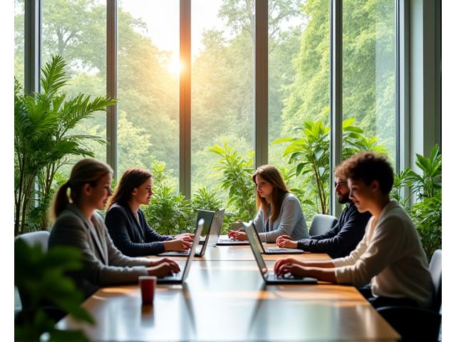 Happy, focused individuals in a bright, green office environment, demonstrating productivity and well-being.