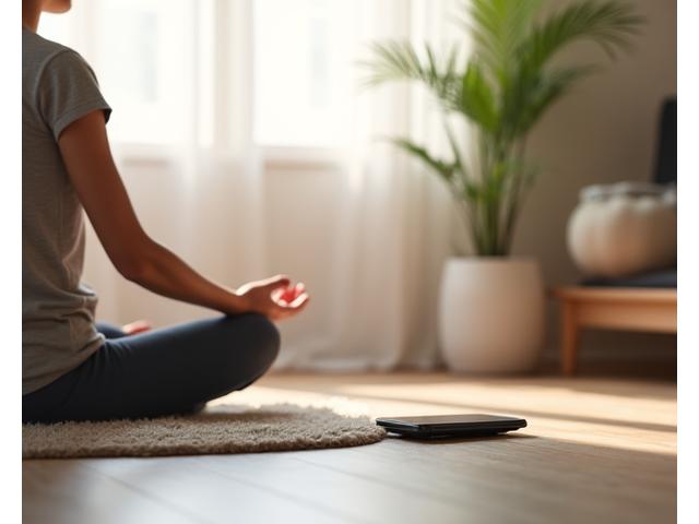 A person meditating calmly with a phone placed respectfully aside, illustrating a balanced approach to technology and mindfulness, set in a clean, modern home environment.