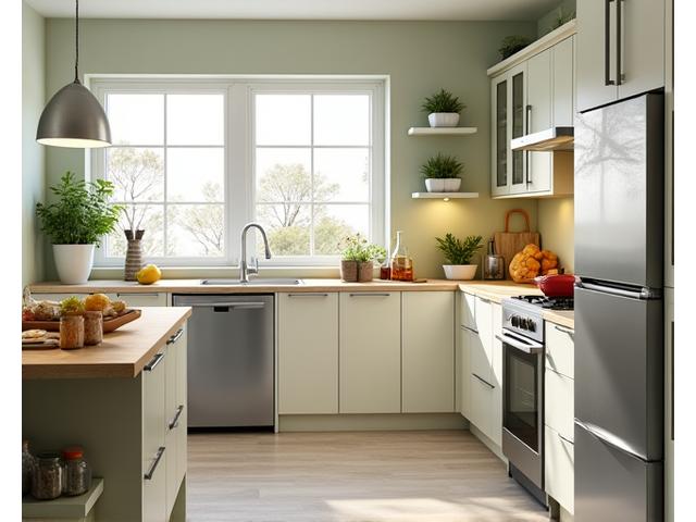 Accessible kitchen with pull-out shelves, adjustable counters, and easy-to-reach appliances