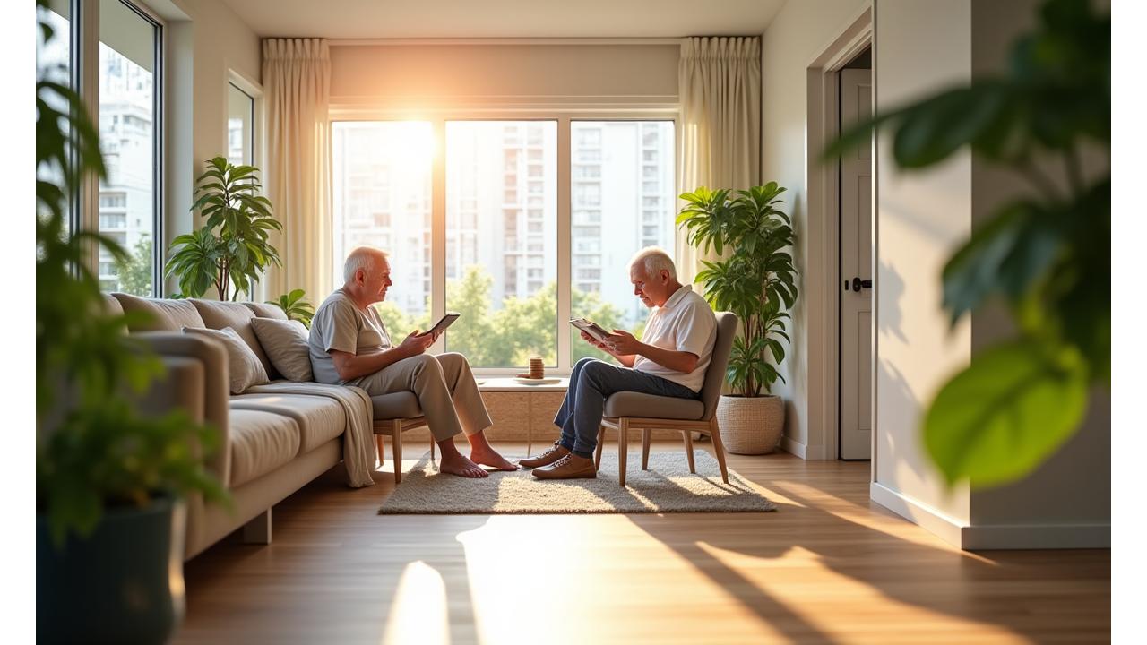 Active and smiling Miami seniors enjoying a beautifully designed accessible home with ample natural light and biophilic elements