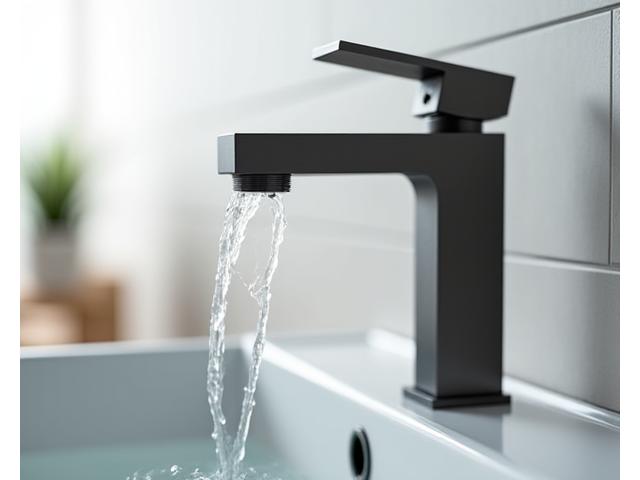 Close-up of a modern, low-flow water faucet and energy-efficient LED lighting fixture in a stylish bathroom