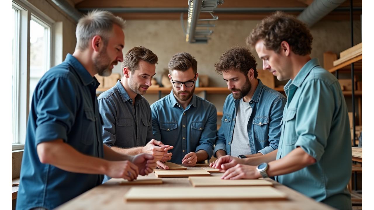 A diverse group of South Florida small business owners, possibly a lumber mill owner, a designer, and a craftsman, collaborating on sustainable materials, with a map of Florida subtly in the background.
