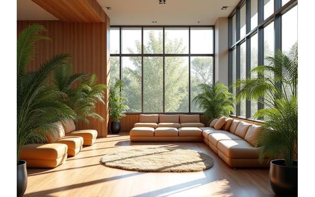 Modern, sleek architectural space designed with biophilic elements; warm light filtering in, comfortable seating, and lush indoor plants hinting at wellness transformation.